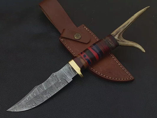 CUSTOM HAND MADE DAMASCUS STEEL HUNTING KNIFE WOOD & HORN HANDLE , Sheath