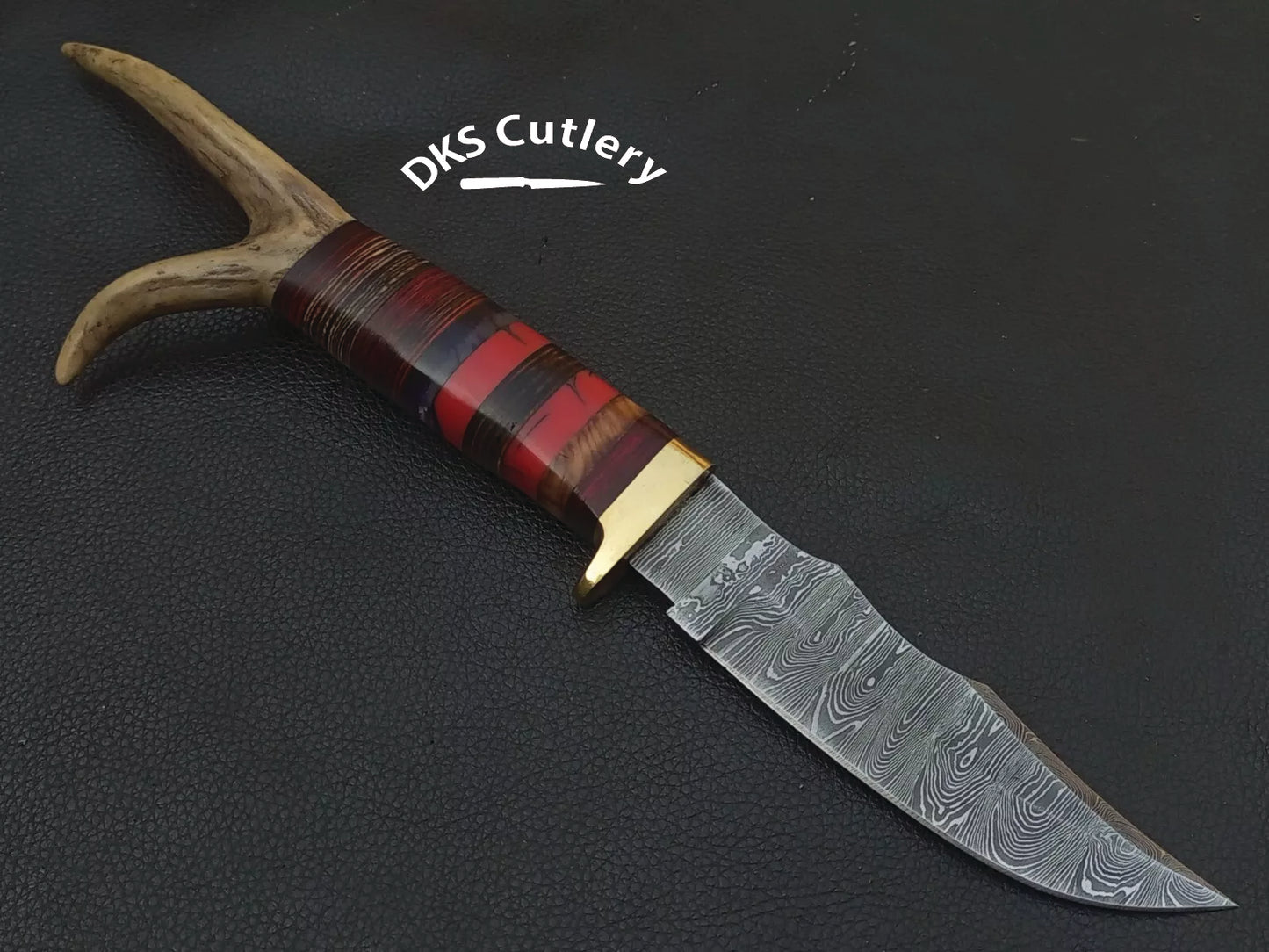 CUSTOM HAND MADE DAMASCUS STEEL HUNTING KNIFE WOOD & HORN HANDLE , Sheath