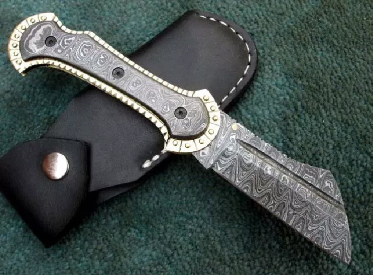 Superior Hand Made Damascus Steel Unique Folding Knife , Folding Blade Knife