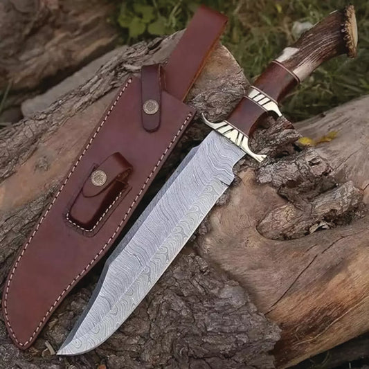 Custom Handmade Forged Damascus Steel Bowie Knife. Stag Horn/Antler, knife.