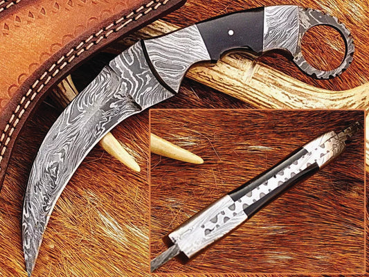 Beautiful Handmade Damascus Steel karambit Knife handle made of buffalo,Sheath