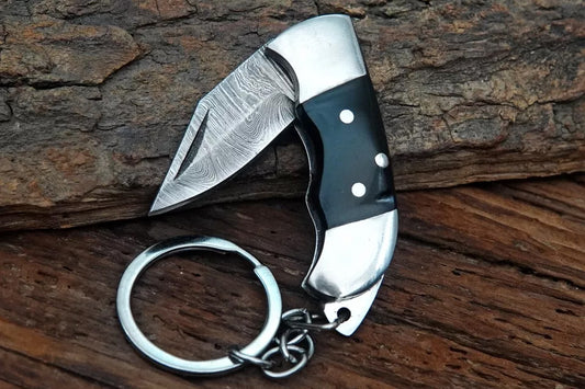 Damascus Key Chain Folding Knife Damascus Steel Blade