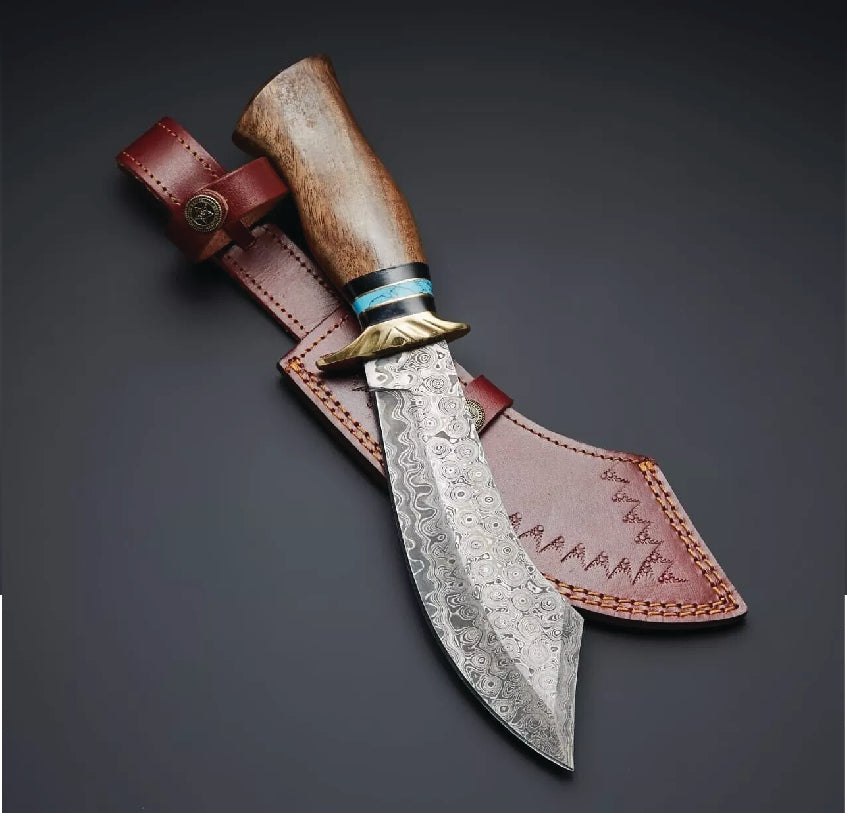 Custom Handmade Damascus Steel Hunting Bowie Knife with Leather Sheath