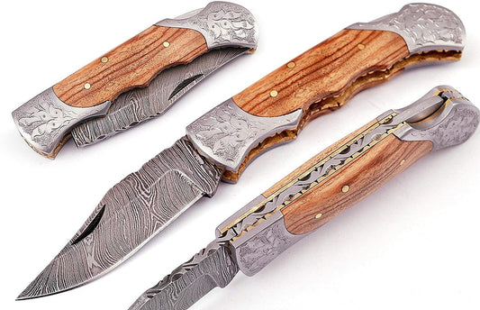 Custom Hand Made Damascus Steel Blade Folding Knife”  Olive Wood Handle " With Sheath